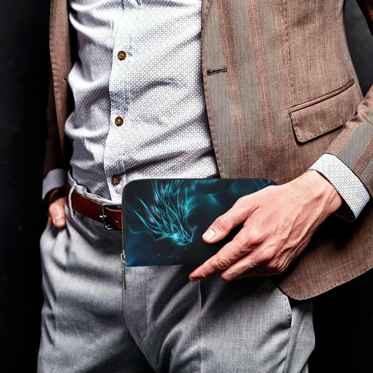 Wallet for Men PU Leather Credit Card Wallet, Cool Cash Clutch Long Purse Billfold with Zipper Coin Pocket Gift for Him Husband and Boyfriend Cool Blue Dragon 022