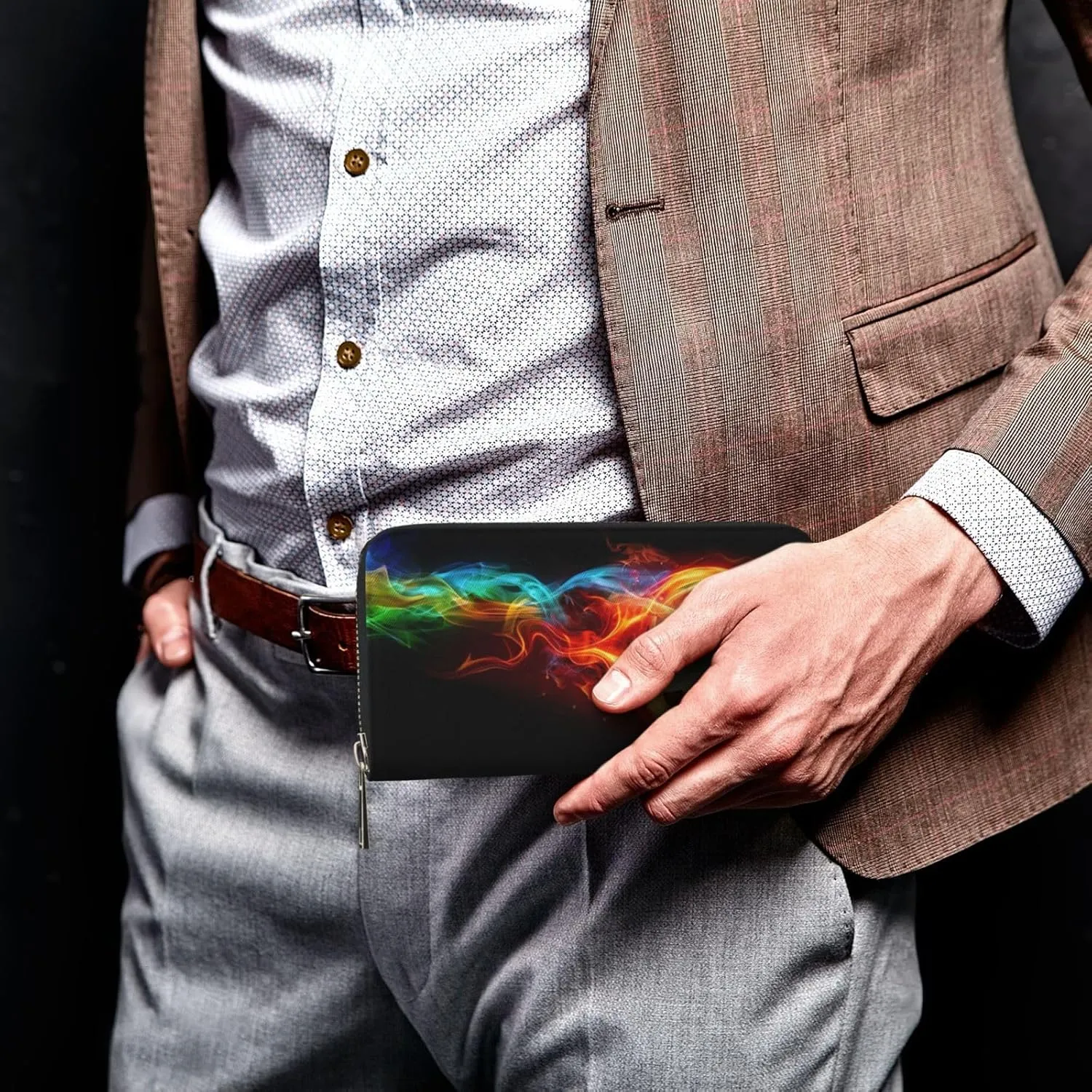 Wallet for Men PU Leather Credit Card Wallet, Cool Cash Clutch Long Purse Billfold with Zipper Coin Pocket Gift for Him Husband and Boyfriend Cool Fire Soccer 031
