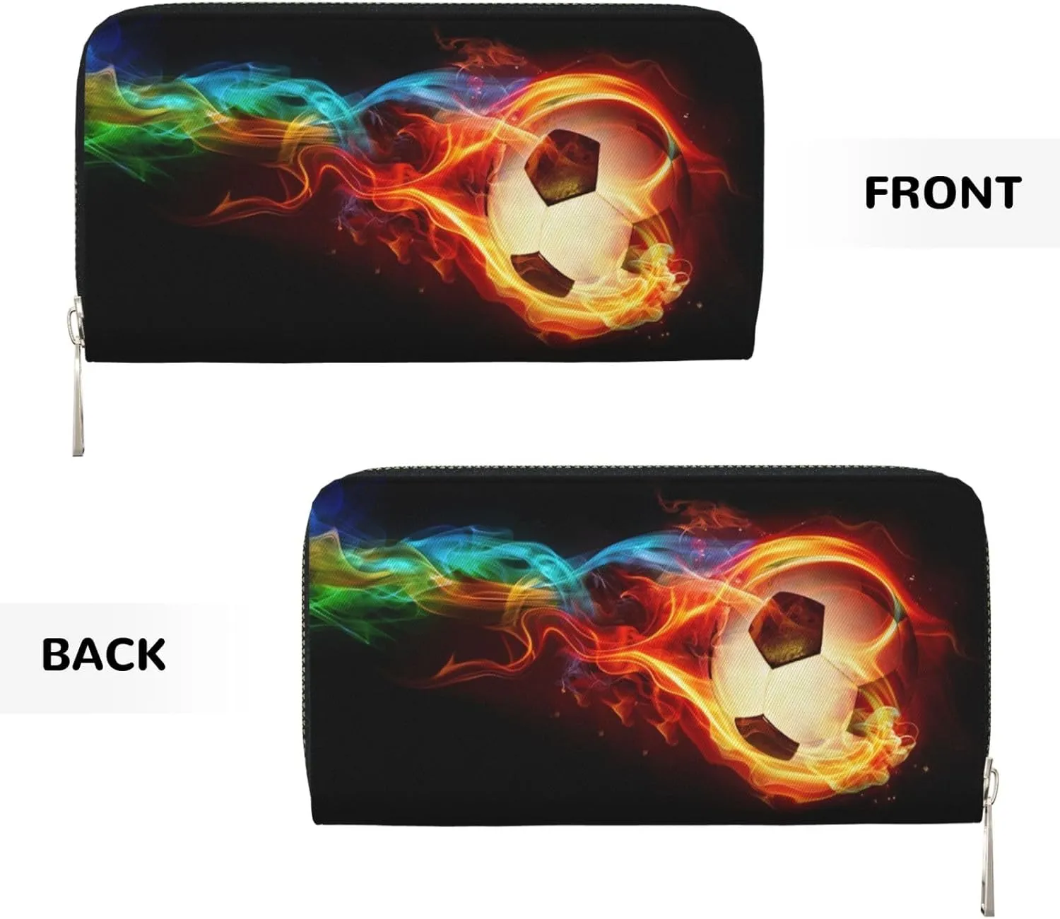 Wallet for Men PU Leather Credit Card Wallet, Cool Cash Clutch Long Purse Billfold with Zipper Coin Pocket Gift for Him Husband and Boyfriend Cool Fire Soccer 031