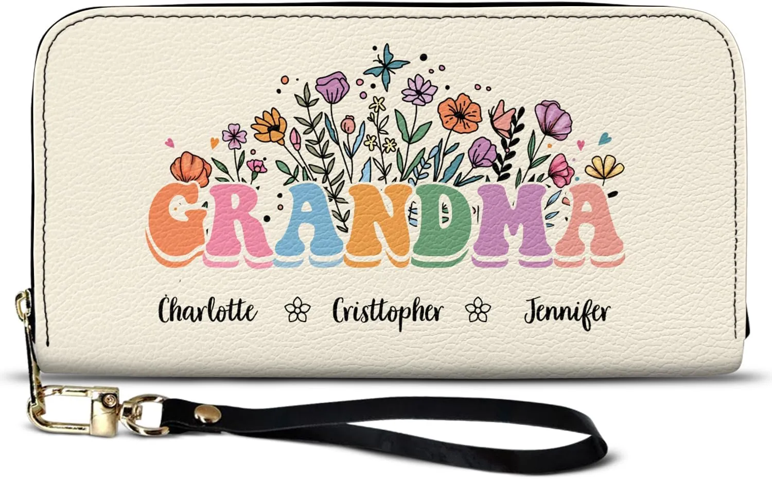 WANDER PRINTS Mothers Day Gifts - Personalized Leather Long Wallet - Gift For Mother, Grandmother - Mom Grandma Floral