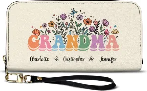WANDER PRINTS Mothers Day Gifts - Personalized Leather Long Wallet - Gift For Mother, Grandmother - Mom Grandma Floral