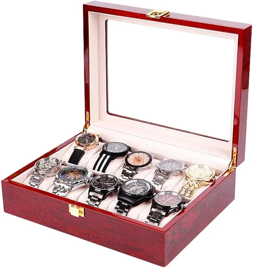 Watch Storage Bos Wooden Watch Box Clear Glass Top Wood Watches Display Case Storage Box Watch Box for Watch Exquisite/Red/One Size