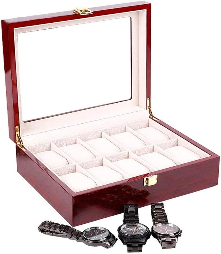 Watch Storage Bos Wooden Watch Box Clear Glass Top Wood Watches Display Case Storage Box Watch Box for Watch Exquisite/Red/One Size