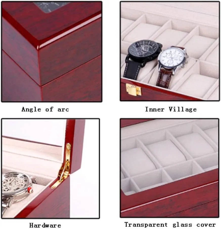 Watch Storage Bos Wooden Watch Box Clear Glass Top Wood Watches Display Case Storage Box Watch Box for Watch Exquisite/Red/One Size