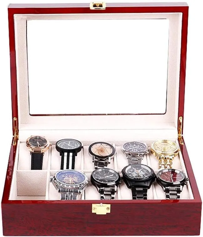 Watch Storage Bos Wooden Watch Box Clear Glass Top Wood Watches Display Case Storage Box Watch Box for Watch Exquisite/Red/One Size