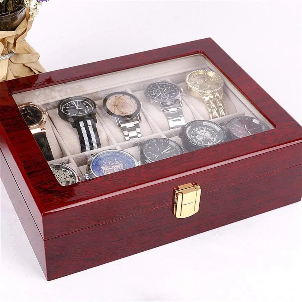 Watch Storage Bos Wooden Watch Box Clear Glass Top Wood Watches Display Case Storage Box Watch Box for Watch Exquisite/Red/One Size
