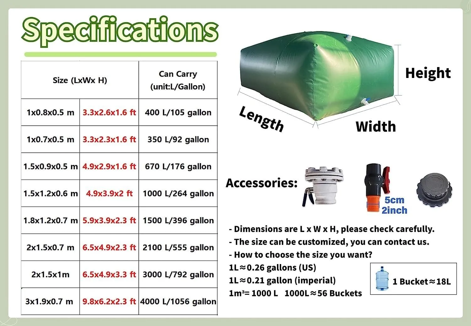 Water Storage Bladder Collapsible Water Storage Containers Bathtub Water Storage Bladder Reusable, Foldable Portable Large Capacity Soft Emergency Water Bag(4x1x1m/4000L/1056Gallon), Green