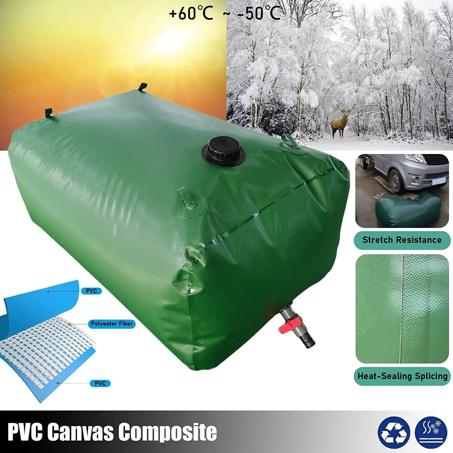 Water Storage Bladder Collapsible Water Storage Containers Bathtub Water Storage Bladder Reusable, Foldable Portable Large Capacity Soft Emergency Water Bag(4x1x1m/4000L/1056Gallon), Green
