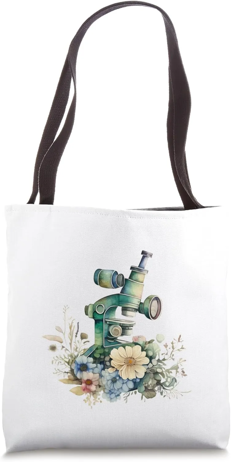 Watercolor microscope with flowers, floral lab equipment Tote Bag