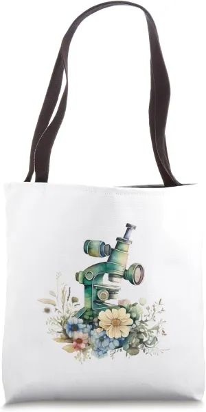 Watercolor microscope with flowers, floral lab equipment Tote Bag