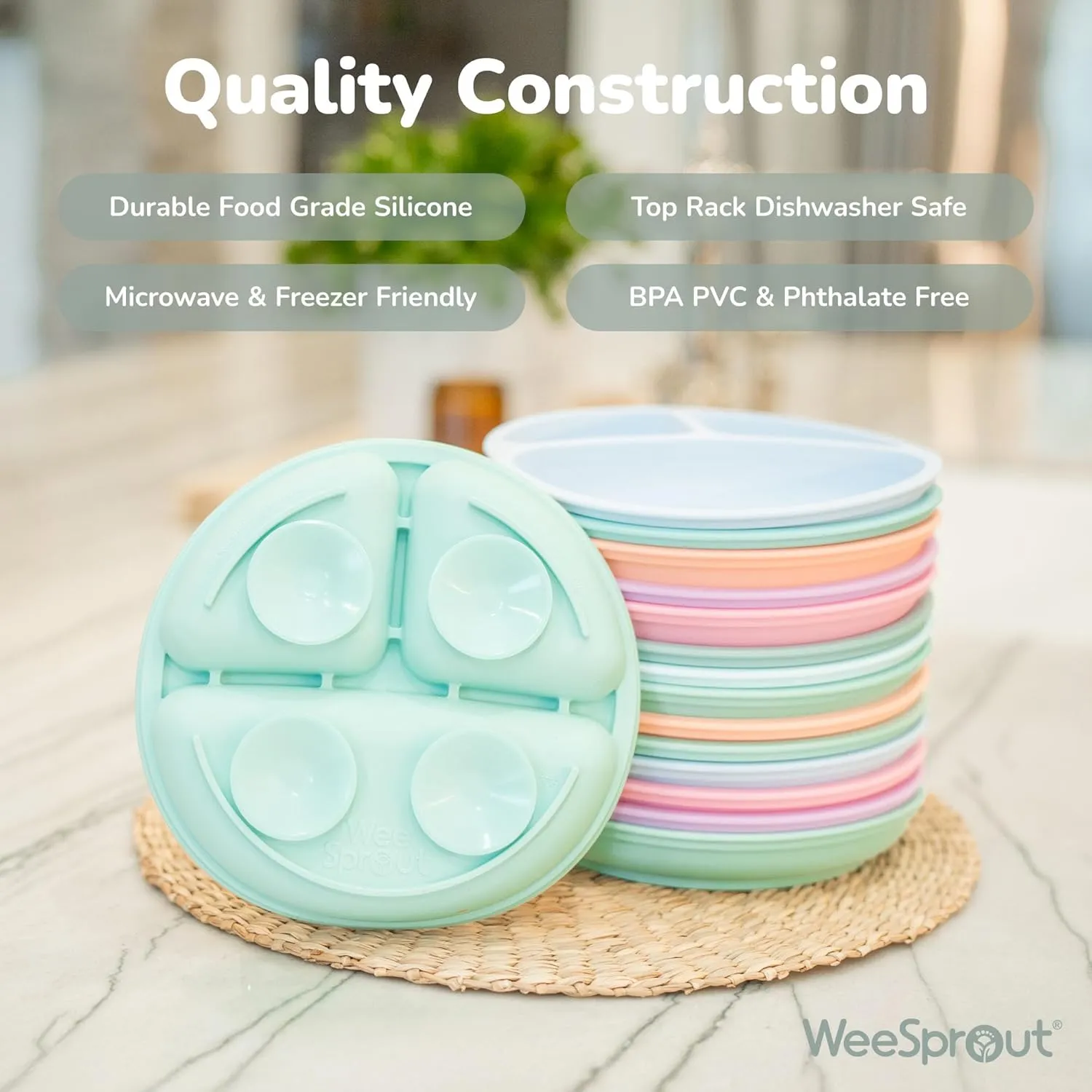 WeeSprout Suction Plates with Lids for Babies & Toddlers, 100% Silicone Dinnerware Stays Put, Divided Design for Picky Eaters, Microwave & Dishwasher Friendly, 3 Pack (Matte Pink, Purple, Blush Pink)