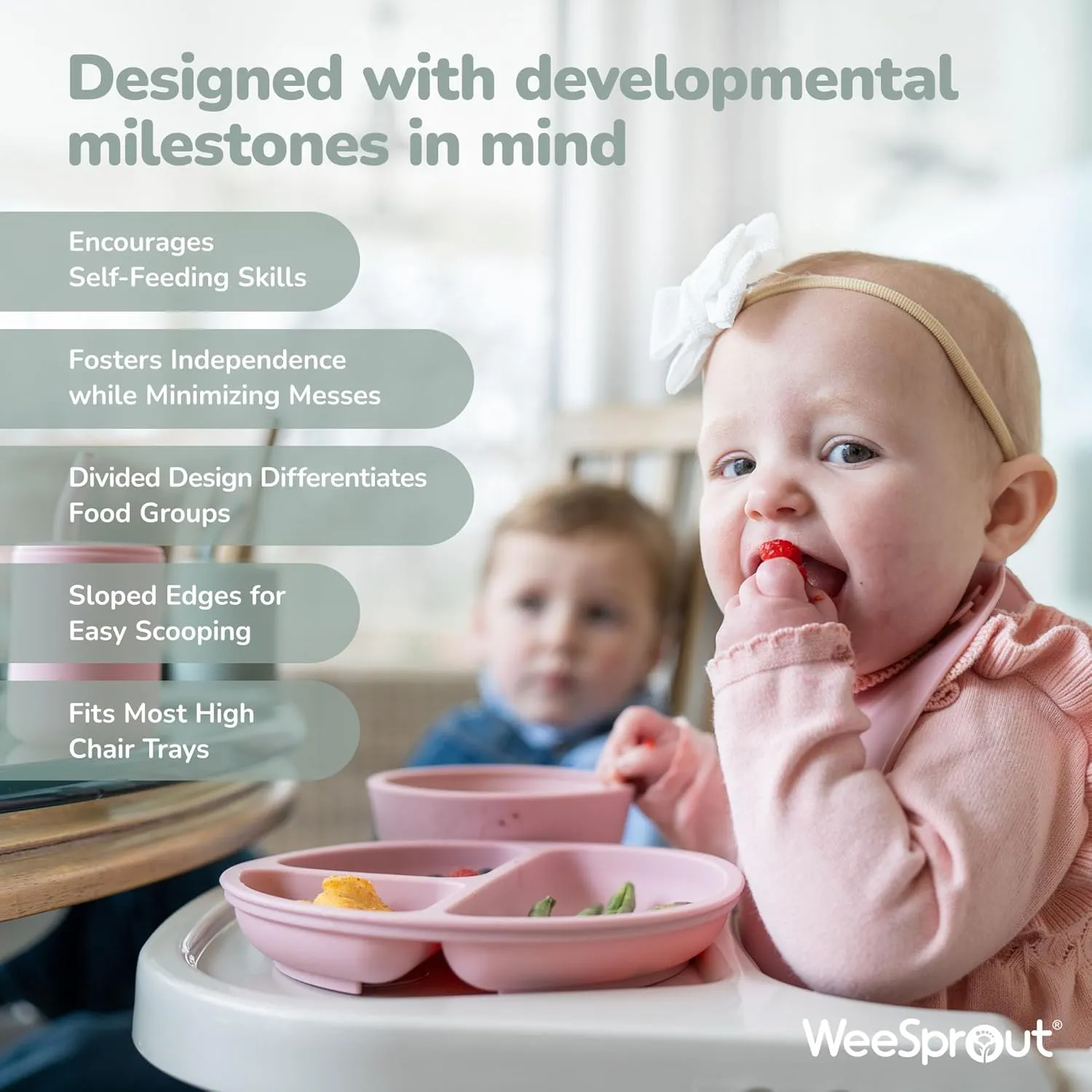 WeeSprout Suction Plates with Lids for Babies & Toddlers, 100% Silicone Dinnerware Stays Put, Divided Design for Picky Eaters, Microwave & Dishwasher Friendly, 3 Pack (Matte Pink, Purple, Blush Pink)