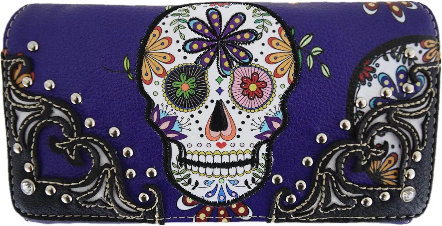 WESTERN ORIGIN Sugar Skull Day of the Dead Daypack Punk Gothic Backpack Rose Flower Fashion Women Travel Biker Purse Daypack Wallet Set (Purple Set)