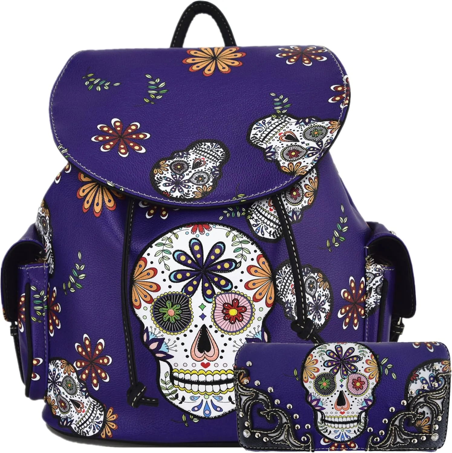 WESTERN ORIGIN Sugar Skull Day of the Dead Daypack Punk Gothic Backpack Rose Flower Fashion Women Travel Biker Purse Daypack Wallet Set (Purple Set)