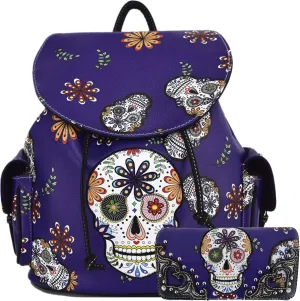 WESTERN ORIGIN Sugar Skull Day of the Dead Daypack Punk Gothic Backpack Rose Flower Fashion Women Travel Biker Purse Daypack Wallet Set (Purple Set)