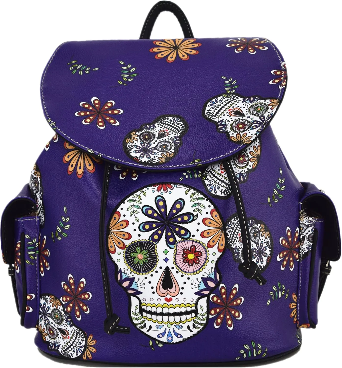 WESTERN ORIGIN Sugar Skull Day of the Dead Daypack Punk Gothic Backpack Rose Flower Fashion Women Travel Biker Purse Daypack Wallet Set (Purple Set)