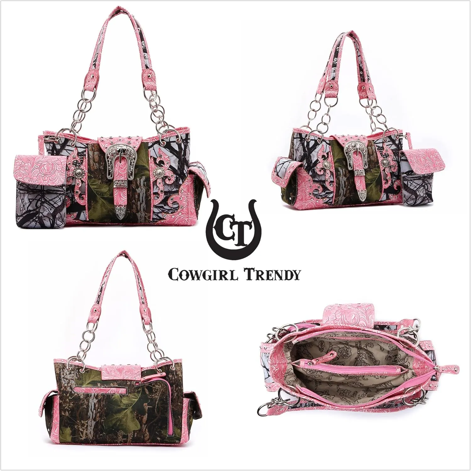 Western Style Camouflage Purse Concho Buckle Tooled Floral Country Studs Crossbody Women Handbag Shoulder Bag Wallet Set