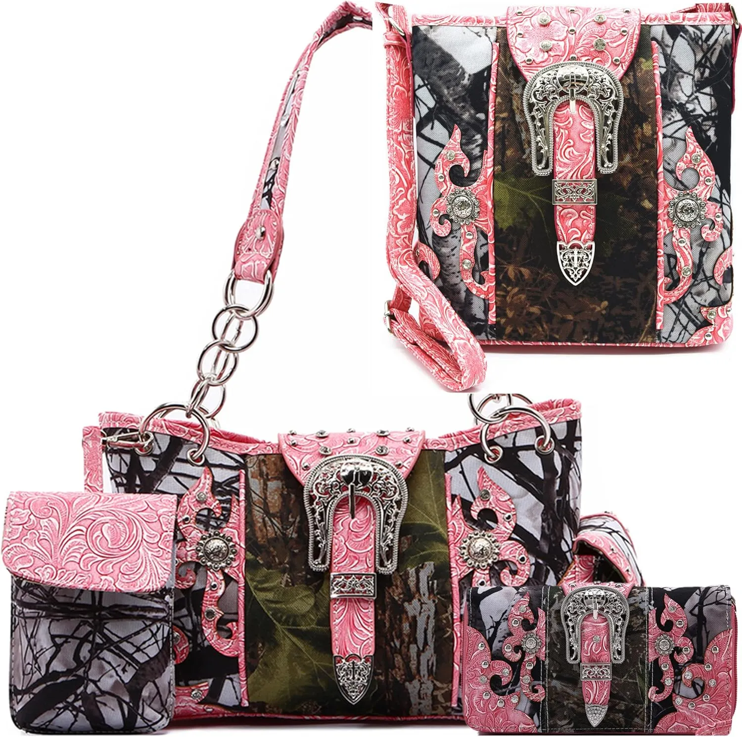 Western Style Camouflage Purse Concho Buckle Tooled Floral Country Studs Crossbody Women Handbag Shoulder Bag Wallet Set