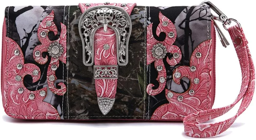 Western Style Camouflage Purse Concho Buckle Tooled Floral Country Studs Crossbody Women Handbag Shoulder Bag Wallet Set