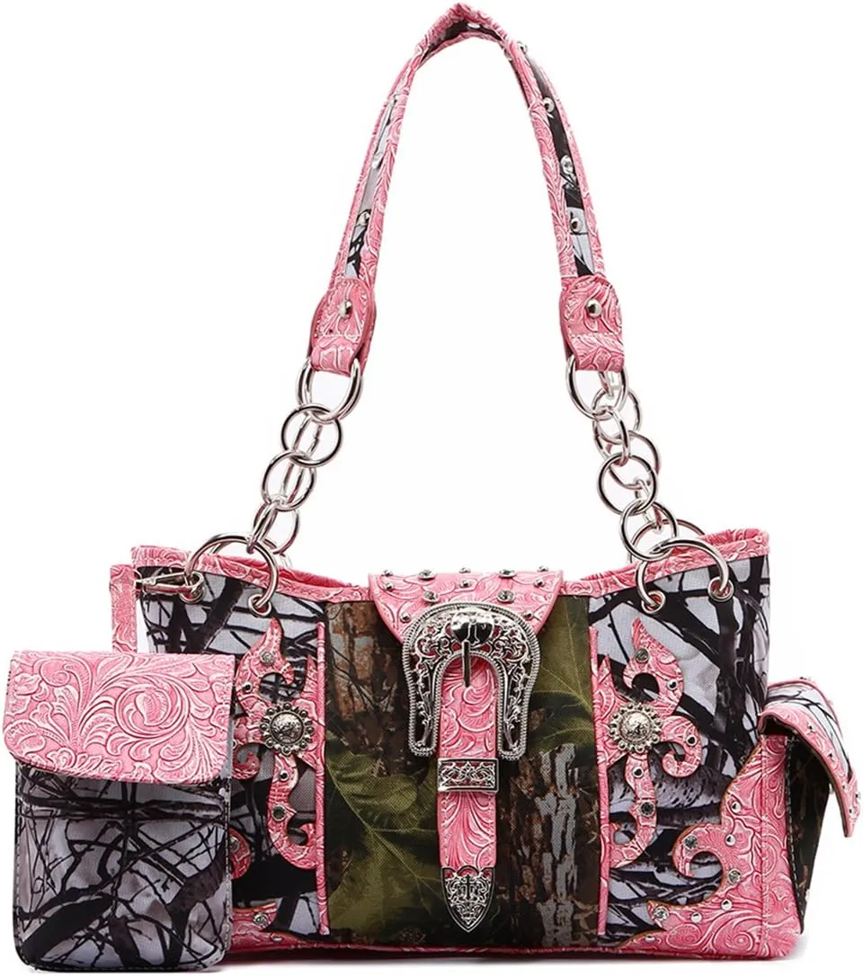 Western Style Camouflage Purse Concho Buckle Tooled Floral Country Studs Crossbody Women Handbag Shoulder Bag Wallet Set