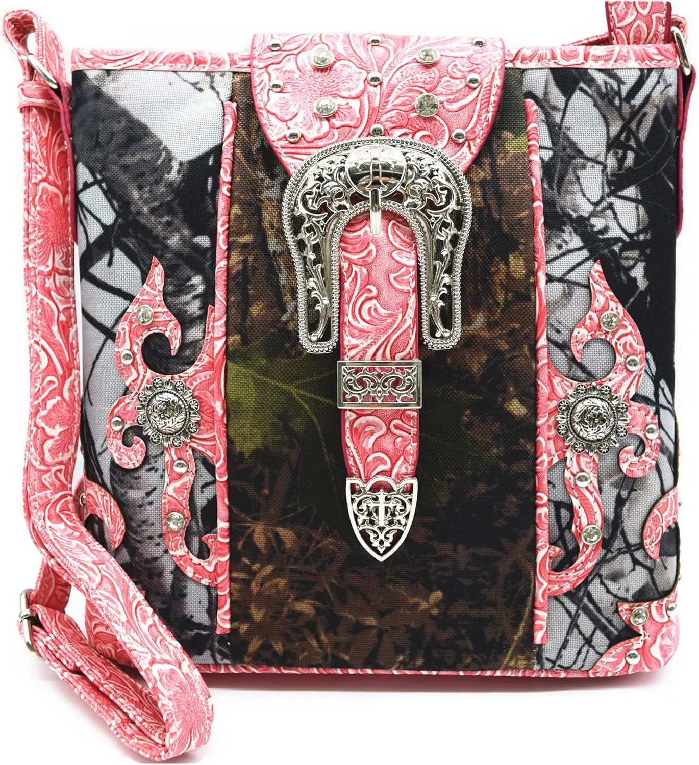 Western Style Camouflage Purse Concho Buckle Tooled Floral Country Studs Crossbody Women Handbag Shoulder Bag Wallet Set