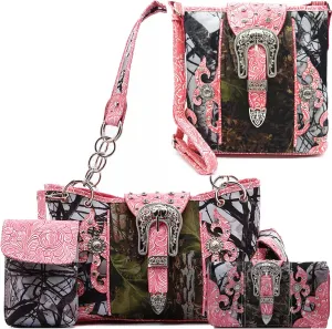 Western Style Camouflage Purse Concho Buckle Tooled Floral Country Studs Crossbody Women Handbag Shoulder Bag Wallet Set