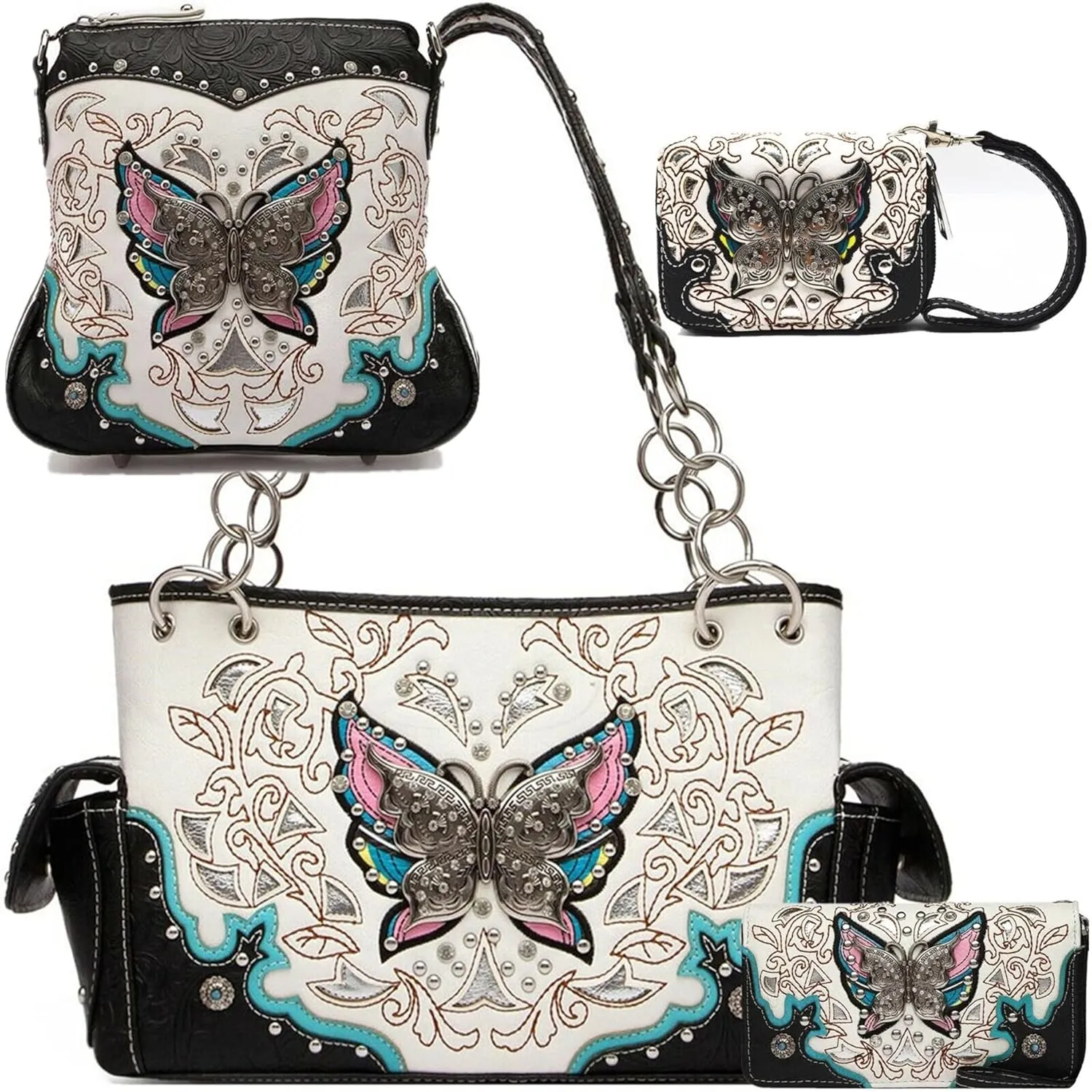 Western Style Spring Butterfly Flower Purse Women Country Handbag Rhinestone Stud Shoulder Bag Wallet Set