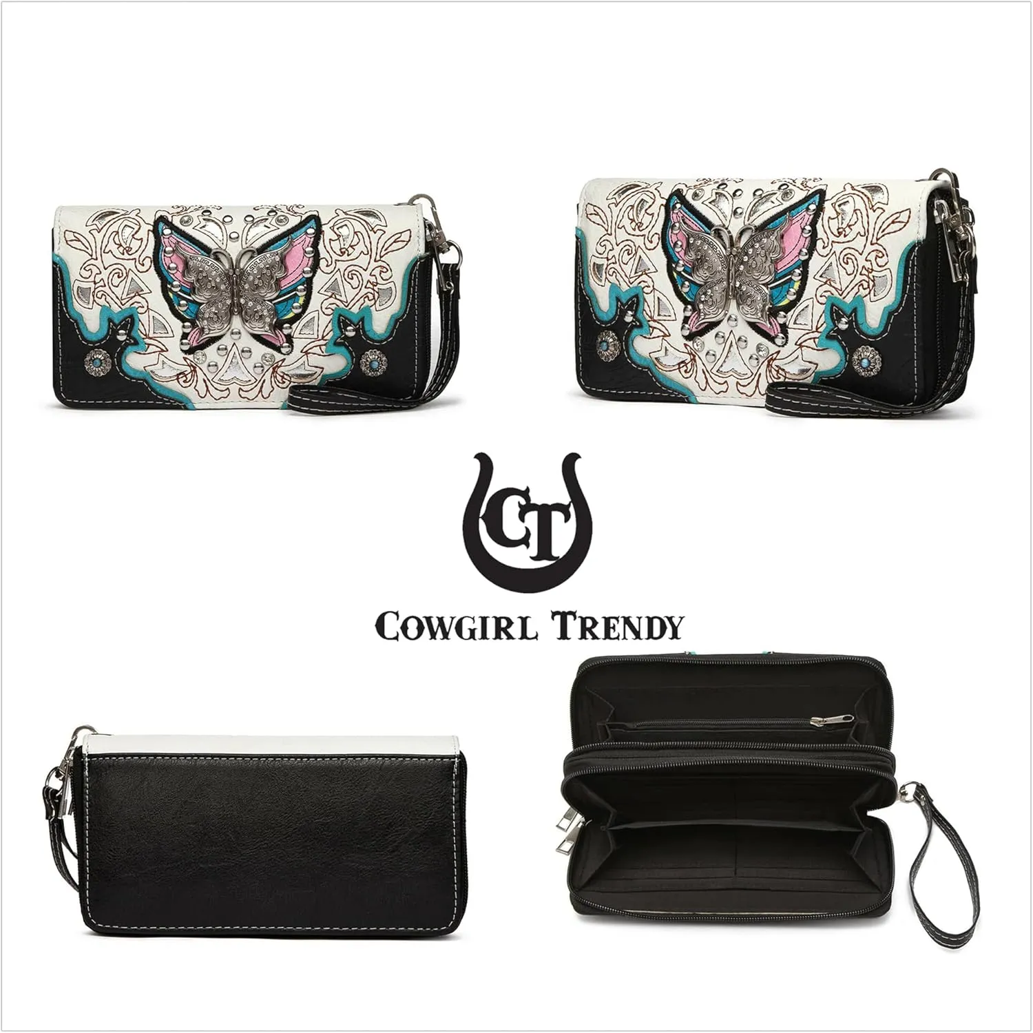 Western Style Spring Butterfly Flower Purse Women Country Handbag Rhinestone Stud Shoulder Bag Wallet Set