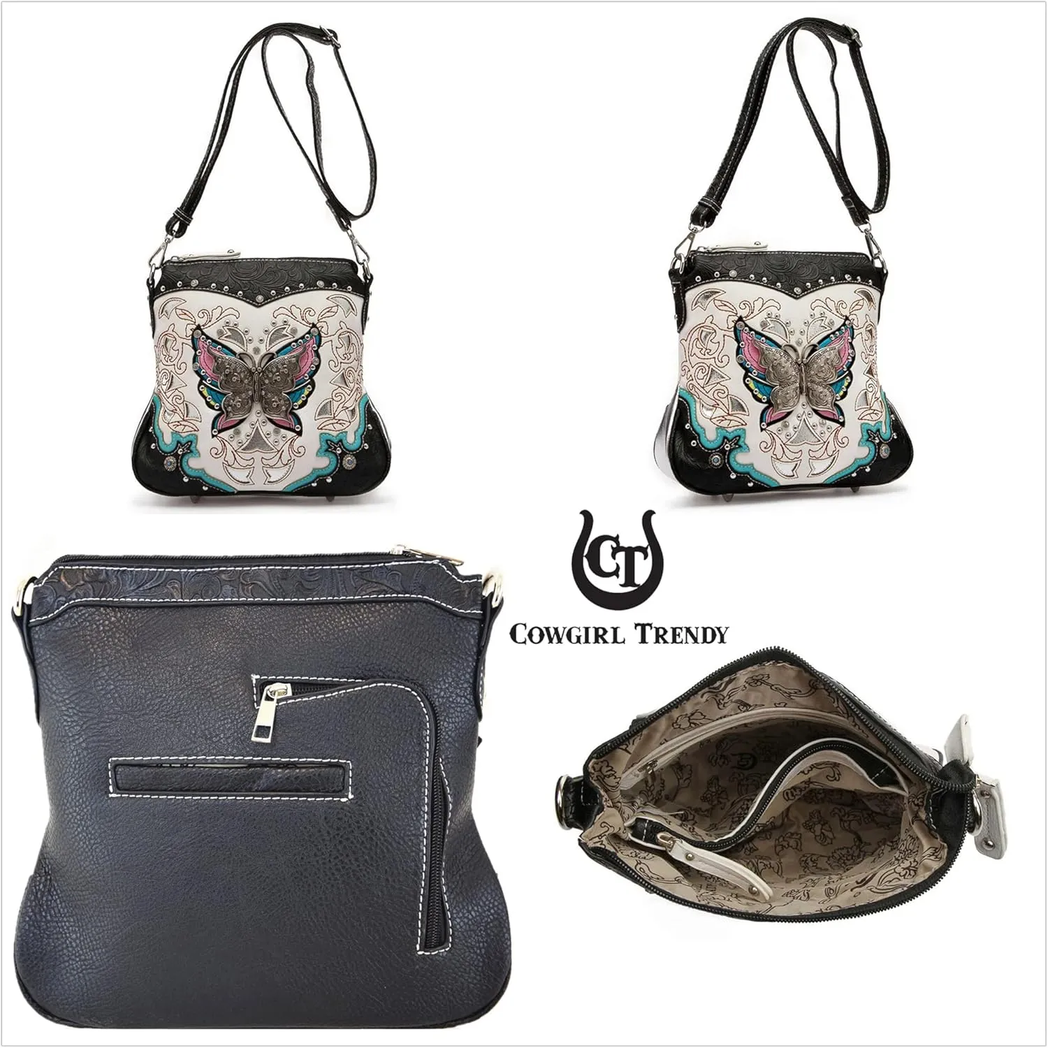 Western Style Spring Butterfly Flower Purse Women Country Handbag Rhinestone Stud Shoulder Bag Wallet Set