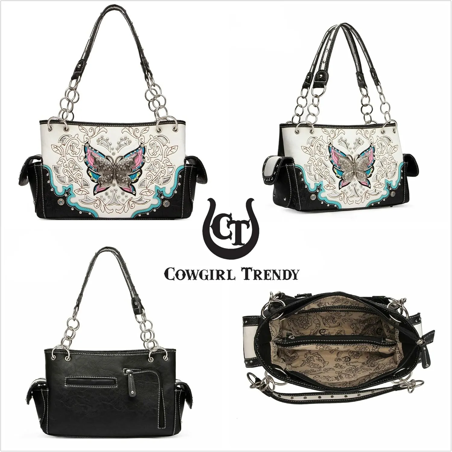 Western Style Spring Butterfly Flower Purse Women Country Handbag Rhinestone Stud Shoulder Bag Wallet Set