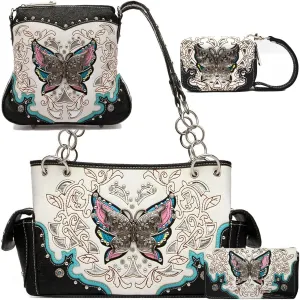 Western Style Spring Butterfly Flower Purse Women Country Handbag Rhinestone Stud Shoulder Bag Wallet Set