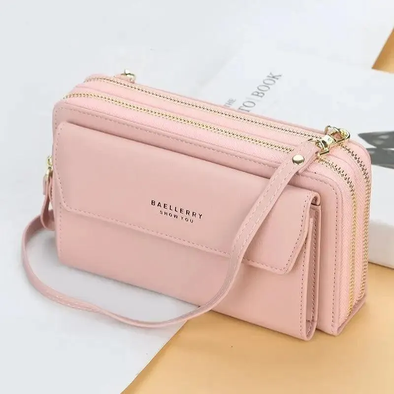 Women Pu Leather Double Layer Large Portable Crossbody Capacity Card Holders Handbags - Trendy Portable Crossbody Handbags