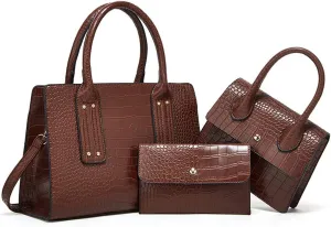 Womens 3 Pcs Handbag Set Clutch Crocodile Pattern Purse Fashion Leather Top Handle Tote Satchel Crossbody Bag Wallet