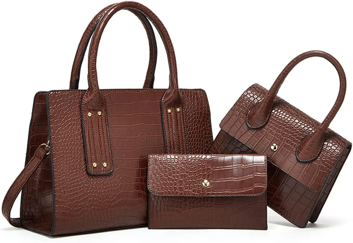Womens 3 Pcs Handbag Set Clutch Crocodile Pattern Purse Fashion Leather Top Handle Tote Satchel Crossbody Bag Wallet