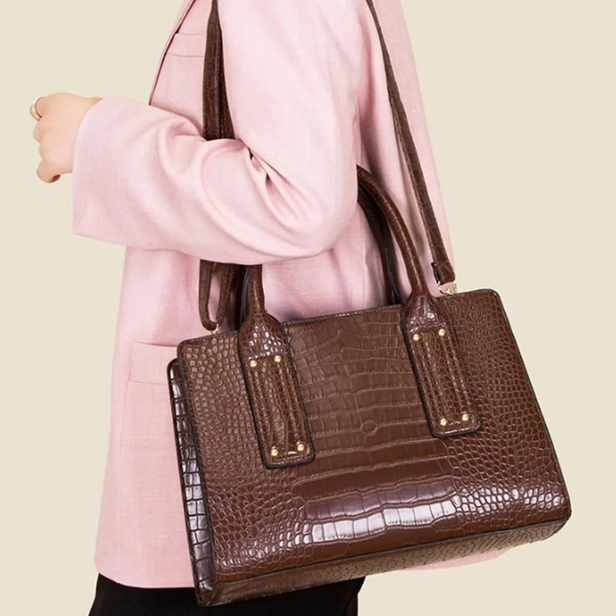 Womens 3 Pcs Handbag Set Clutch Crocodile Pattern Purse Fashion Leather Top Handle Tote Satchel Crossbody Bag Wallet