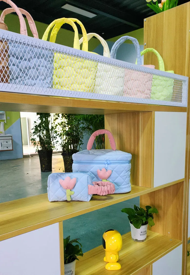 Women's Corduroy Large Capacity Cute Flowers Portable Cosmetic Bags