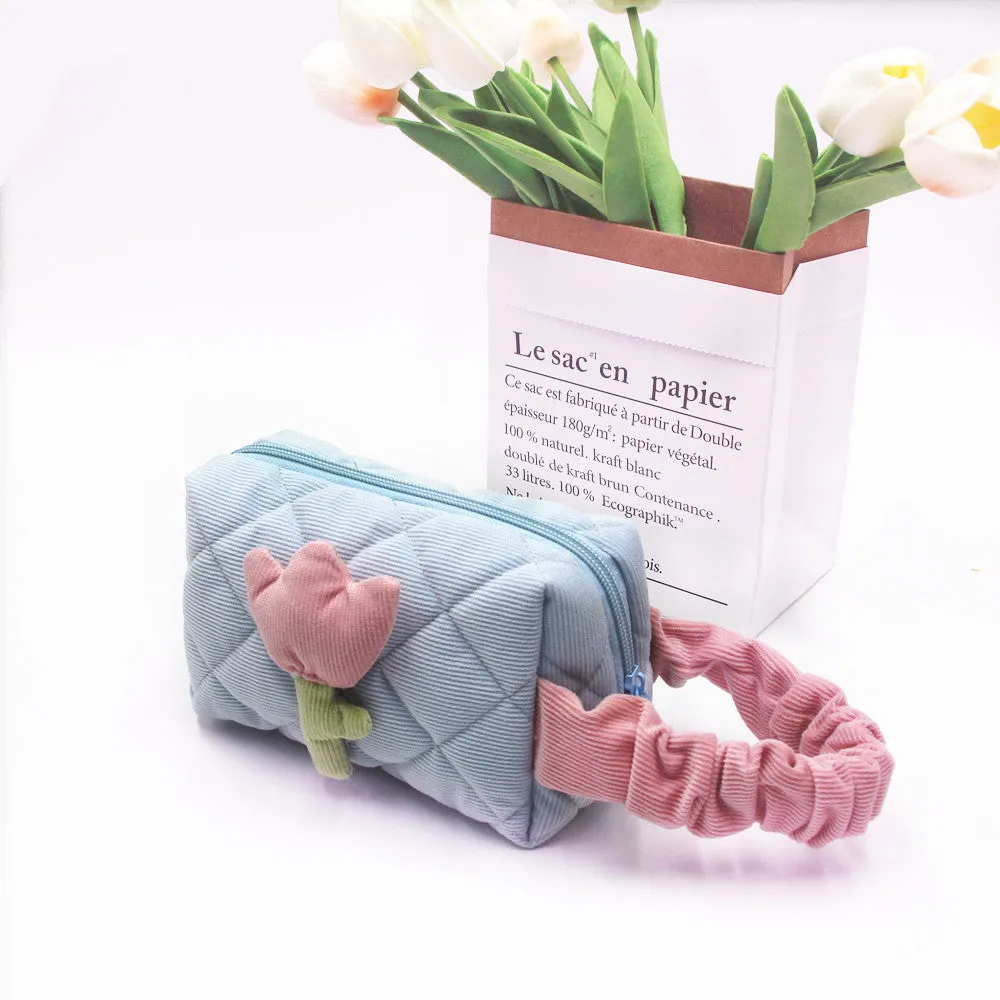 Women's Corduroy Large Capacity Cute Flowers Portable Cosmetic Bags