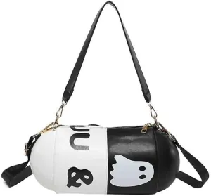 Women's Cylindrical Capsule Crossbody Bag, Alphabet Ghost Pill Contrast Color Shoulder Bag, Leather Novelty Soft Shell Purse/2253
