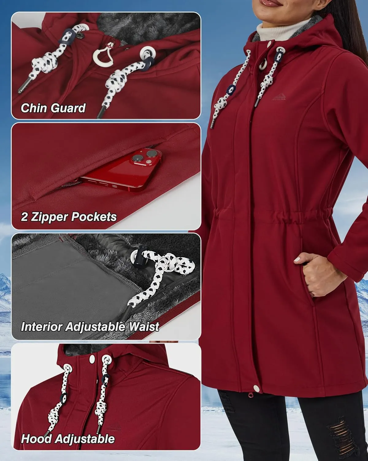 Women's Fleece Jacket Long Soft Shell Insulated Warm Winter Coat Waterproof Windbreaker Hood Parka