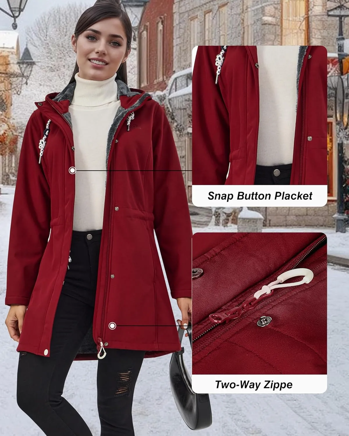 Women's Fleece Jacket Long Soft Shell Insulated Warm Winter Coat Waterproof Windbreaker Hood Parka
