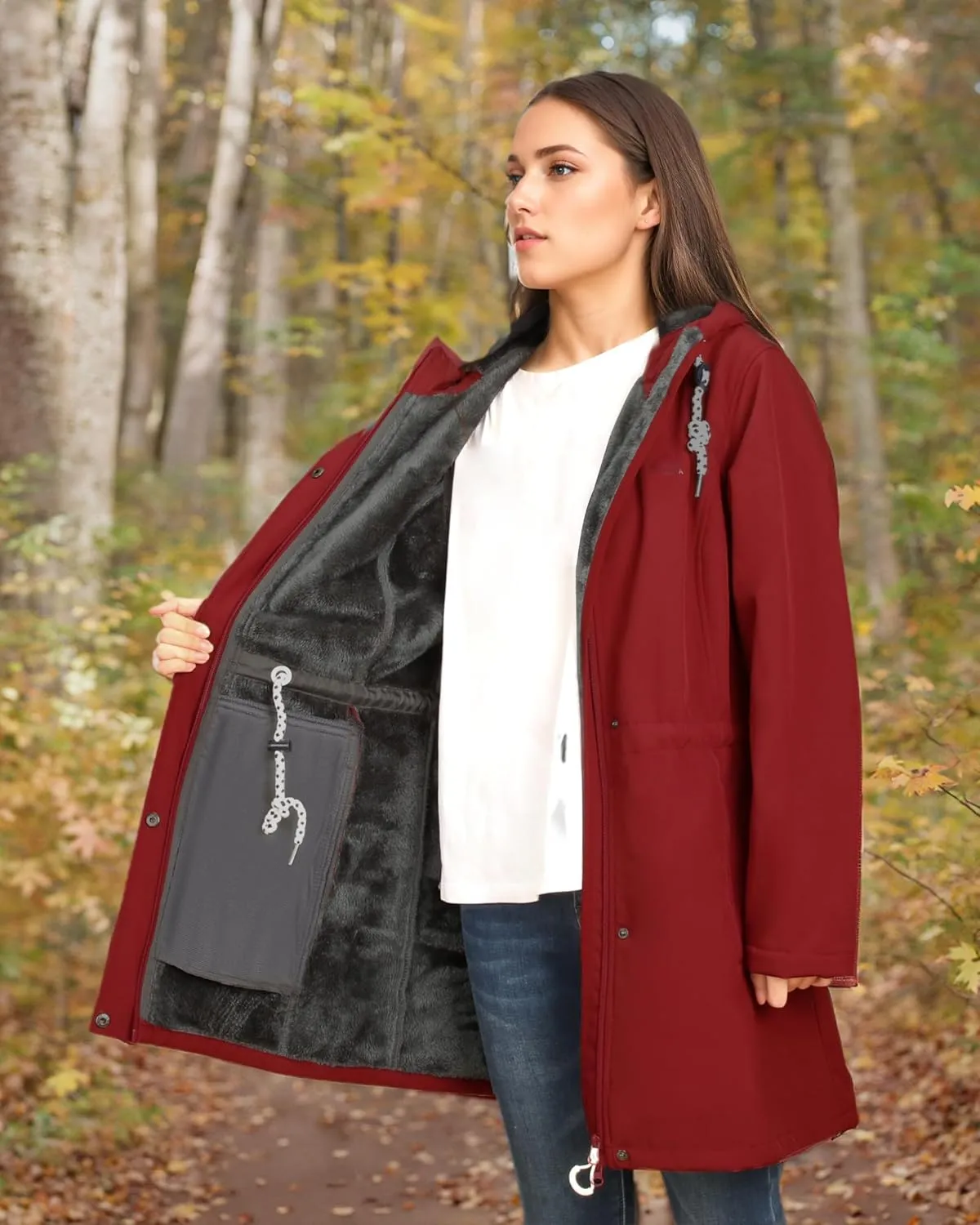 Women's Fleece Jacket Long Soft Shell Insulated Warm Winter Coat Waterproof Windbreaker Hood Parka