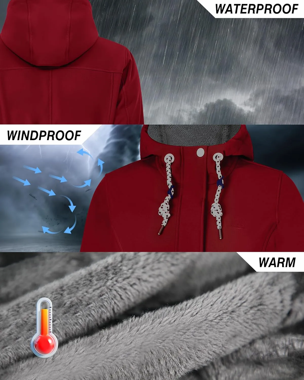 Women's Fleece Jacket Long Soft Shell Insulated Warm Winter Coat Waterproof Windbreaker Hood Parka