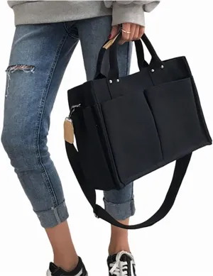 Women's large capacity multi-pocket canvas bag student shoulder Messenger bag handbag(Black)