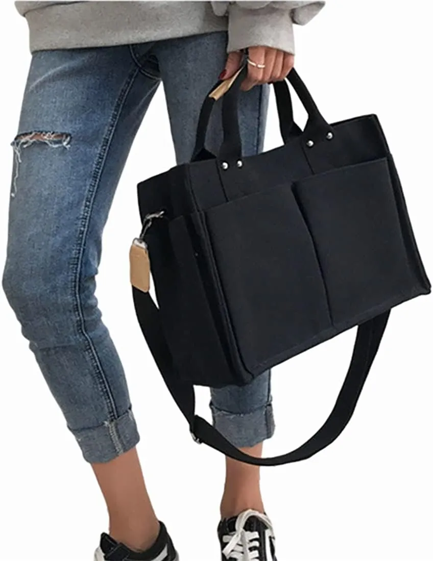 Women's large capacity multi-pocket canvas bag student shoulder Messenger bag handbag(Black)