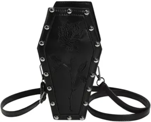 Womens Novelty Coffin Shape Shoulder Bag Halloween Vintage Gothic Embroidery Rose Crossbody Bag Alt Emo Small Purse (Black)