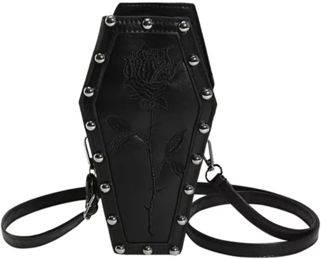 Womens Novelty Coffin Shape Shoulder Bag Halloween Vintage Gothic Embroidery Rose Crossbody Bag Alt Emo Small Purse (Black)
