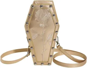 Womens Novelty Coffin Shape Shoulder Bag Halloween Vintage Gothic Embroidery Rose Crossbody Bag Alt Emo Small Purse (Gold)