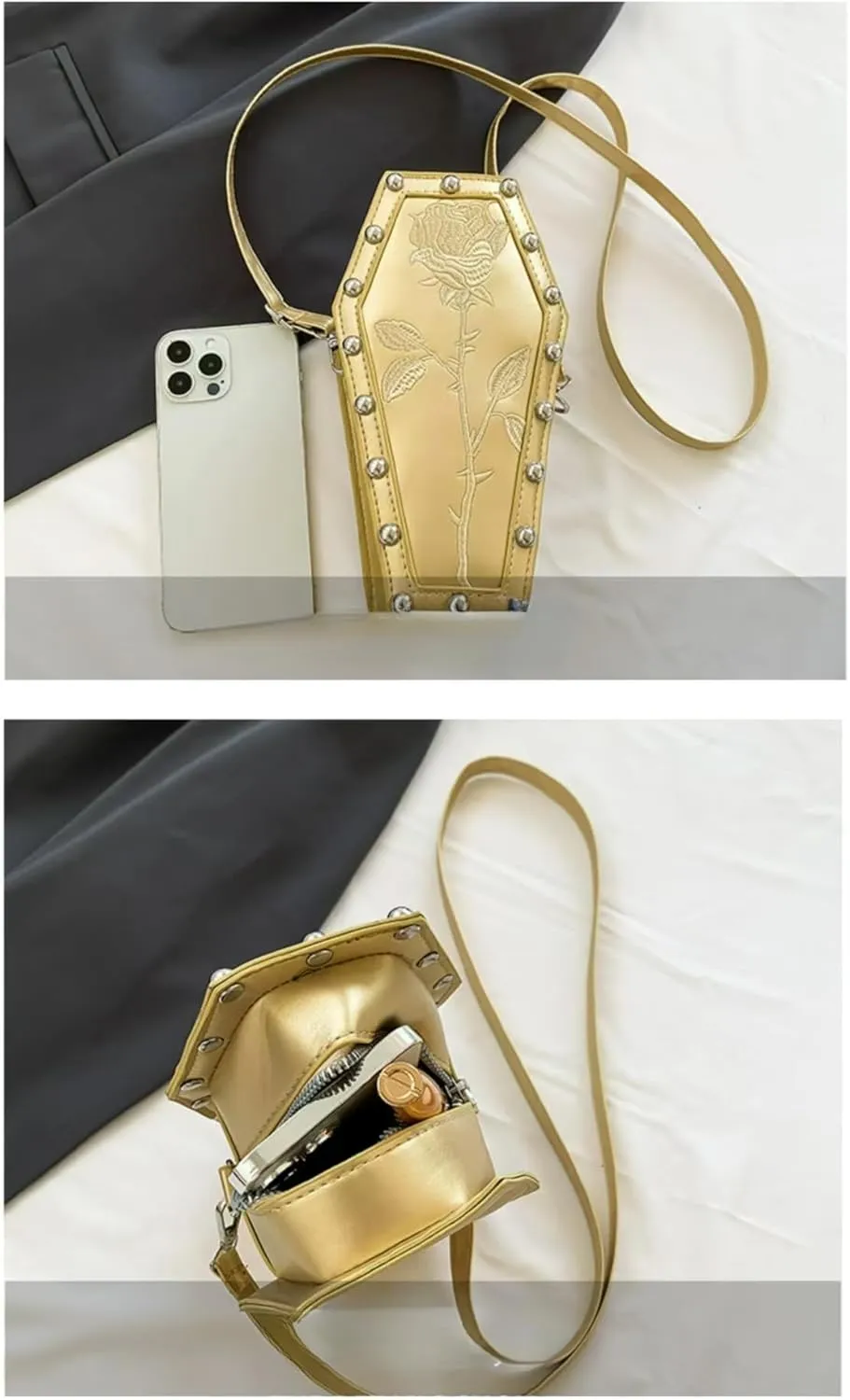 Womens Novelty Coffin Shape Shoulder Bag Halloween Vintage Gothic Embroidery Rose Crossbody Bag Alt Emo Small Purse (Gold)