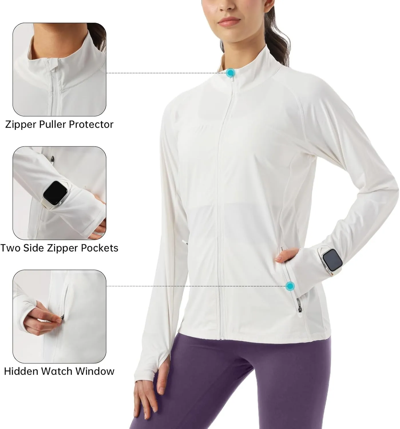 Womens Sun Protection Athletic Jackets UPF 50  Spf Lightweight Full Zip Up UV with Pockets Running No Hood