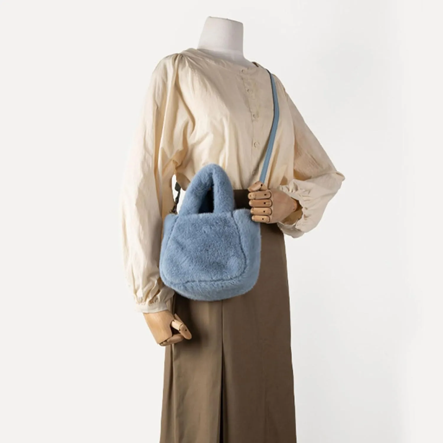 Women's Winter Casual Faux Furs Furry Small Shoulder Bucket Bag Solid Color Plush Crossbody Satchel Fuzzy Handbag Purse